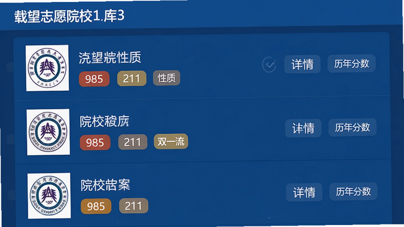生成一张载望志愿院校库界面图,主体为列表展示,布局包含学校Logo、名称、性质标签,排版紧凑有序,风格商务蓝,细节显示“985”、“211”、“双一流”标签,文字包含“院校详情”、“历年分数”,画质高清,干净,无多余元素