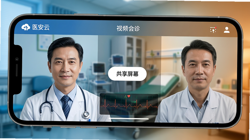 �ֻ���Ļ��д����ʾ��ҽ���ơ�APP����Ƶ������棬���Ϊҽ���ӽǣ��Ҳ�Ϊר���ӽǣ��м��������ġ�������Ļ����ť��ʵʱ���ʼ໤����ͼ�������黯ΪҽԺ���һ�����ɫ����ů�Ա�ͻ��רҵ�ԣ�UI��Ʊ�ƽ����ͼ��������4K�ֱ��ʣ�дʵ���