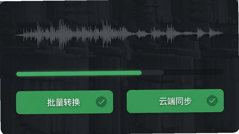 展示音频波形分析与转换进度条的界面截图,背景为深灰色极简风格,突出“批量转换”与“云端同步”两个核心功能按钮,布局对称平衡,细节处有绿色对勾标识表示成功,画质细腻,无多余装饰,文字标注为“高效转换”与“安全转存”
