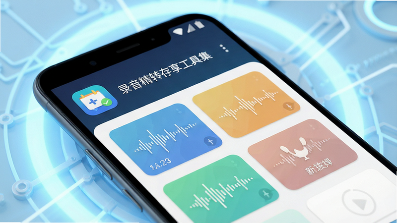 主体为安卓手机屏幕特写,背景为柔和的浅蓝色科技感光晕,手机界面清晰展示“录音精转存享工具集”应用图标及主要功能模块卡片,布局整齐有序,采用扁平化UI设计风格,细节处体现音频波形元素,画质高清,无多余杂乱元素,文字清晰可见为“录音精转存享工具集”