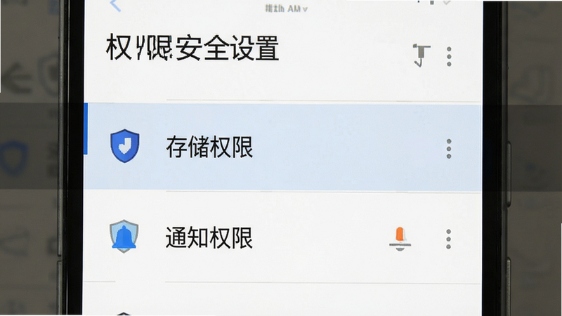 安卓手机设置界面截图,展示权限管理页面,高亮显示“存储权限”与“通知权限”选项,背景为白色简洁风格,布局清晰,细节处有盾牌图标象征安全,画质清晰,无多余干扰元素,文字标注为“权限安全设置”