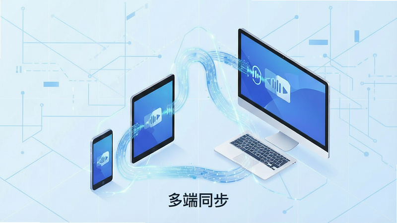 多设备协同场景插画,展示手机、平板与电脑之间的音频文件同步流动,背景为淡蓝色科技网格,布局呈三角形稳定结构,细节处有数据流光线连接设备,风格现代简约,画质高清,无多余杂乱线条,文字标注为“多端同步”