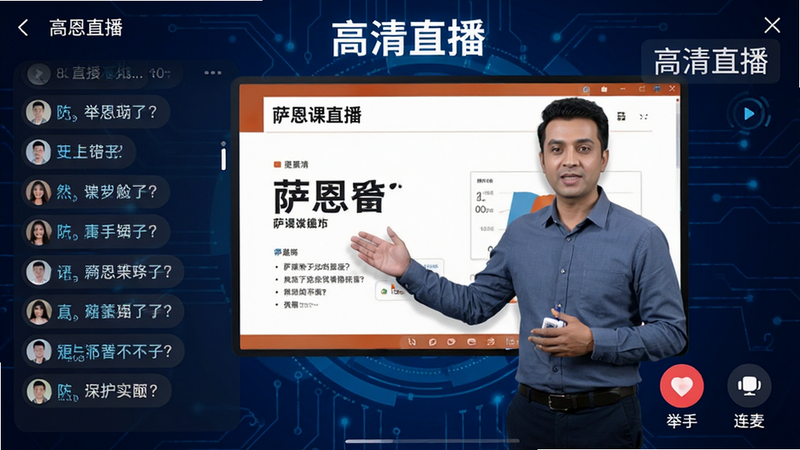 萨恩课堂直播间界面截图,屏幕中央显示讲师正在讲解PPT,左侧弹幕区滚动着用户提问,右下角有“举手”、“连麦”图标,背景为深蓝色科技风,突出“高清直播”字样,界面布局紧凑,UI设计现代,无水印,8k超清画质