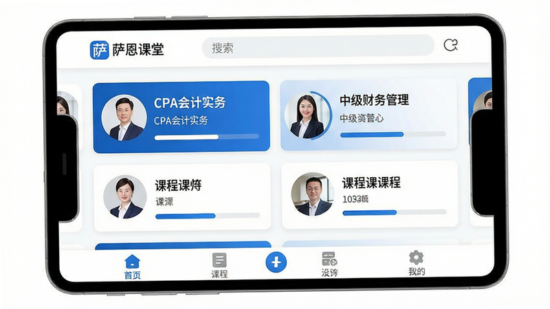 萨恩课堂安卓APP主界面全景图,白色背景,顶部导航栏清晰显示“萨恩课堂”Logo及搜索框,中间区域展示“CPA会计实务”、“中级财务管理”等课程卡片,卡片包含讲师头像、课程名称及进度条,底部为功能标签栏,整体风格简约商务蓝白配色,高清矢量插画风格,无多余装饰,文字清晰可读,4k分辨率