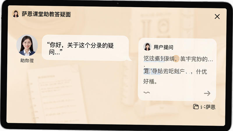 萨恩课堂助教答疑界面,对话框形式,左侧为助教头像及回复“你好,关于这个分录的疑问...”,右侧为用户提问,背景为柔和的米色,体现温馨专业的服务氛围,文字排版整齐,字体清晰,无杂乱元素,高分辨率
