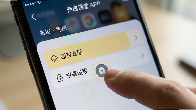 手机屏幕显示萨恩课堂APP设置界面,高亮显示“缓存管理”与“权限设置”选项,手指点击图标,背景模糊处理,突出操作重点,写实风格,光影自然,高清细节,无文字错误,4k