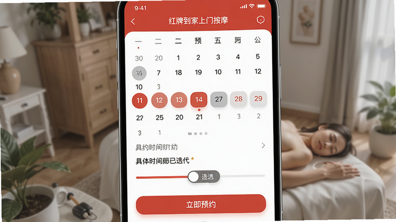主体为红牌到家上门按摩APP的预约日历选择界面,布局展示月份视图和具体时间段滑块,排版直观易用,风格清新自然,细节包含高亮的可选日期和已选状态标识,画质高清,干净无多余元素,文字显示