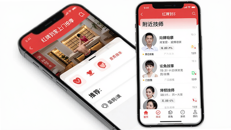 主体为红牌到家上门按摩APP的手机界面截图,布局清晰展示首页推荐服务、附近技师列表及底部导航栏,排版整洁现代,风格简约商务,细节包含清晰的服务图标和技师头像,画质高清,干净无多余元素,文字显示