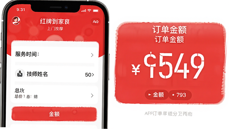 主体为红牌到家上门按摩APP的订单确认页,布局展示服务时长、技师姓名及总价金额,排版重点突出价格信息,风格简洁明了,细节包含金额数字放大显示,画质高清,干净无多余元素,文字显示