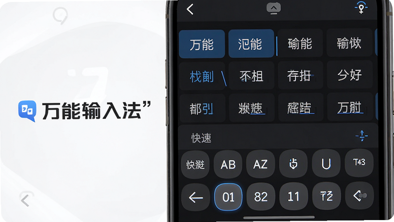 主体为手机屏幕界面,布局简洁现代,左侧显示“万能输入法”Logo,右侧展示多行中文输入界面,包含拼音候选词和快捷符号栏,排版清晰有序,风格为扁平化科技感设计,细节处体现按键高亮效果,画质高清细腻,干净无多余元素,文字加引号