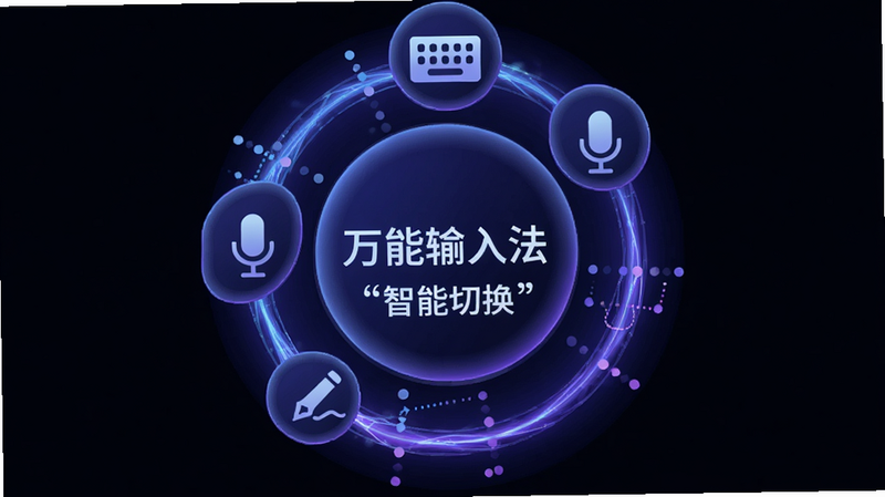 主体为抽象化的输入模式切换图标,布局呈环形分布,中心为“万能输入法”字样,周围环绕着键盘、麦克风、手写笔图标,排版对称平衡,风格为科技蓝紫色调,细节处有光效流动表示数据交换,画质清晰锐利,干净无杂乱背景,文字加引号