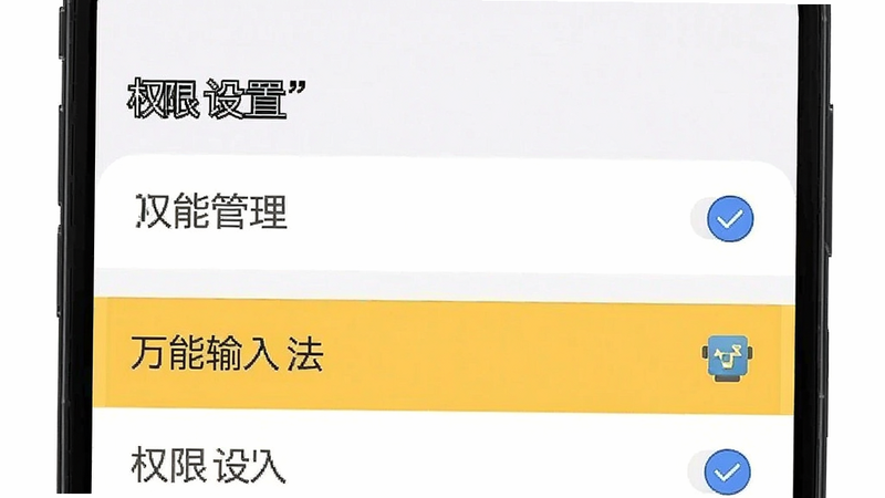 主体为手机设置界面示意图,布局清晰展示权限管理列表,高亮显示“万能输入法”条目,排版整齐,风格为极简UI设计,细节处体现勾选状态,画质清晰,干净无杂乱,文字加引号