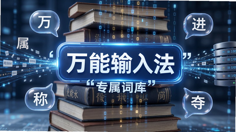 主体为堆叠的书籍与数据流特效,布局中心突出“万能输入法”标识,周围漂浮着汉字气泡,排版具有层次感,风格为知识型科技风,细节处展现文字被收录进数据库的过程,画质高保真,干净明亮,文字加引号