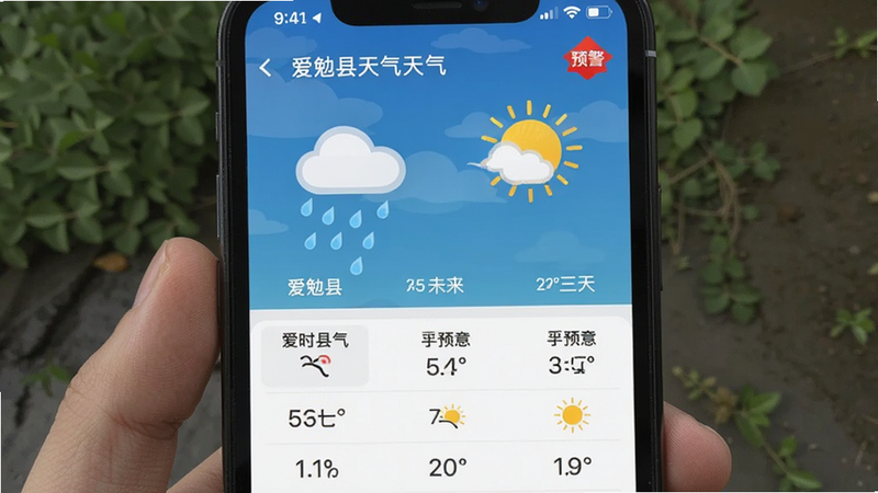 主体为手机天气界面,显示爱勉县实时天气与未来三天预报,布局上下结构,上方大图展示天气状态,下方列表展示具体数据,排版简洁,风格清新自然,细节展示雨滴或阳光图标,画质清晰,干净,文字包含