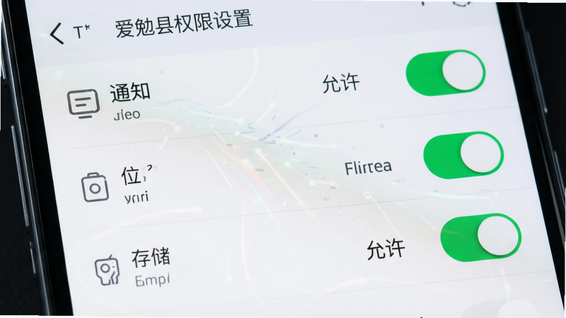 主体为手机设置界面,显示应用权限管理页,布局为列表式,包含通知、位置、存储等开关,排版清晰,风格科技感,细节展示开关状态,画质高清,干净,文字包含