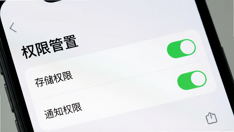 主体为手机设置界面,布局聚焦于“权限管理”列表,背景为浅灰色,排版清晰,风格扁平化,细节高亮显示“存储权限”和“通知权限”已开启状态,画质清晰,干净,无多余元素,文字“权限设置”