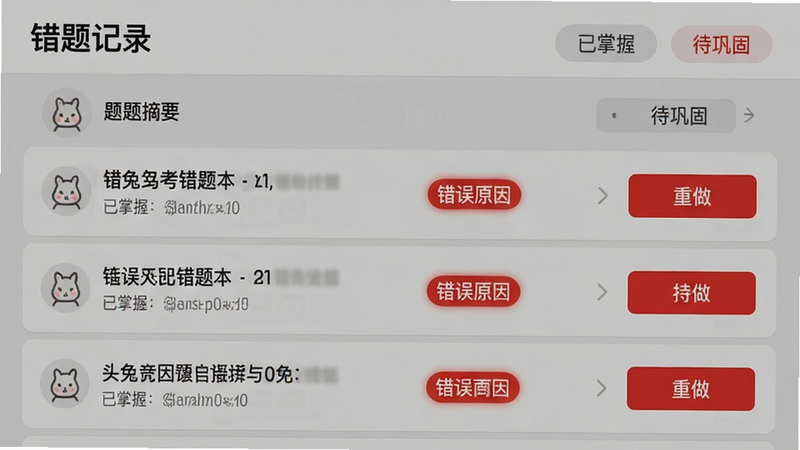 小兔驾考错题本功能界面展示,主体为列表形式的错题记录,每条记录包含题目摘要、错误原因标签和重做按钮,布局整齐划一,风格清晰明了,细节处用红色高亮标记错误选项,画质清晰,干净,无多余元素,界面文字显示