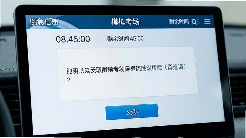 小兔驾考模拟考场界面特写,主体为一个全屏的答题界面,顶部显示倒计时和考生信息,中部为一道判断题,底部为交卷按钮,布局严格还原真实考试系统风格,细节处体现严肃专业的氛围,画质逼真,干净,无多余元素,界面文字清晰显示