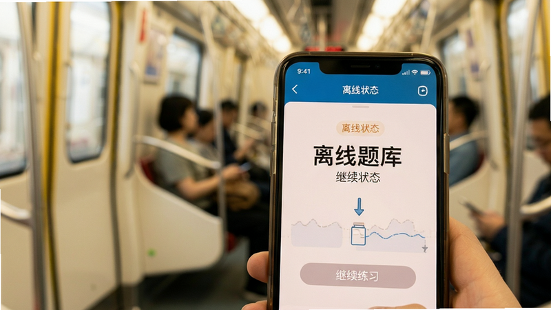 小兔驾考离线模式使用场景图,主体为一部手机显示刷题界面,背景模糊处理显示地铁车厢环境,布局聚焦于手机屏幕内容,风格生活化与实用性结合,细节展示手机电量图标和“离线状态”标识,画质柔和,干净,无多余元素,界面文字显示“离线题库”、“继续练习”,色调温暖,体现随时随地的便利性