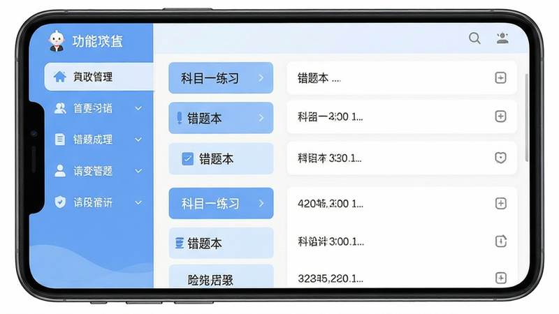主体为小兔驾考安卓应用界面全景展示,布局呈现左右分栏结构,左侧为功能导航菜单,右侧为试题列表区域,风格采用清新简约的扁平化设计,细节处体现柔和的蓝色与白色搭配,画质高清,干净,无多余元素,界面文字清晰可见,包含