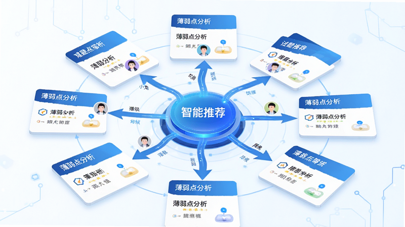 展示小兔驾考软件中的智能推荐算法示意图,主体为中央的数据流核心,周围环绕着不同难度等级的试题卡片,布局呈放射状分布,风格科技感与简洁并存,细节展示数据流向与用户头像的关联,画质清晰,干净,无多余元素,界面文字标注