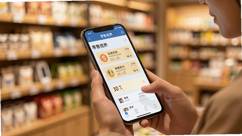 一位顾客在手机上查看“零售视界”APP里的优惠券界面,屏幕发出柔和的光,背景是模糊的商店货架,突出科技与生活的融合,暖色调,温馨氛围