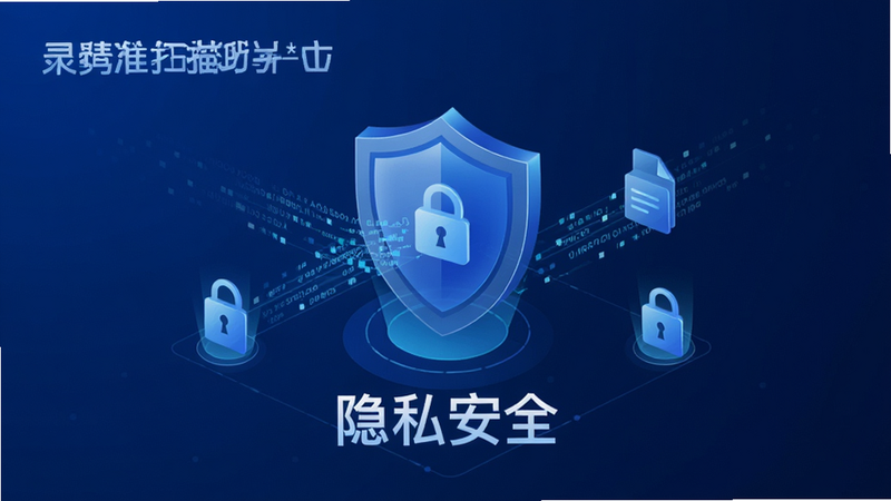 展示灵准扫描助手安全加密界面,主体为盾牌图标和数据流,布局抽象,排版简洁,风格科技蓝,细节显示锁头和数据包,画质清晰,干净,文字“隐私安全”