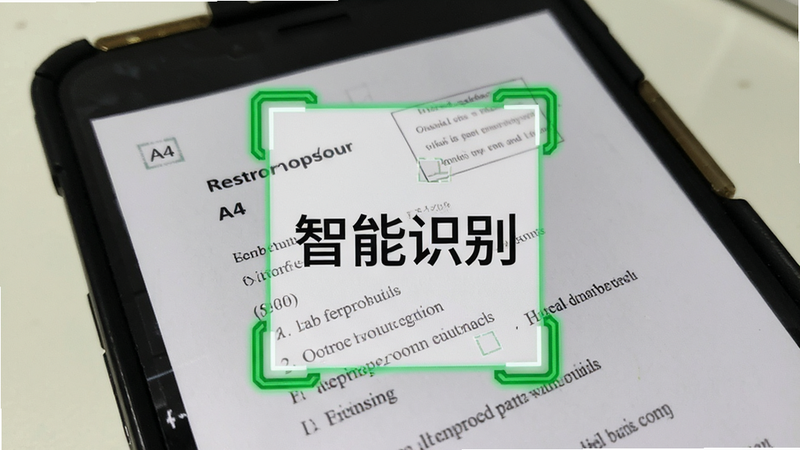 展示灵准扫描助手智能识别功能,主体为手机摄像头视角锁定一张A4纸,布局特写,排版聚焦于识别框,风格科技感,细节显示绿色识别框包裹文档,画质清晰,干净,文字“智能识别”