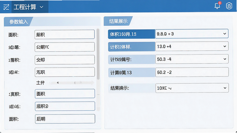 主体为应用内的“工程计算”模块界面,布局左侧为参数输入框,右侧为结果展示区,排版紧凑有序,风格为商务蓝白配色,细节展示具体的面积、体积计算选项,画质清晰,干净
