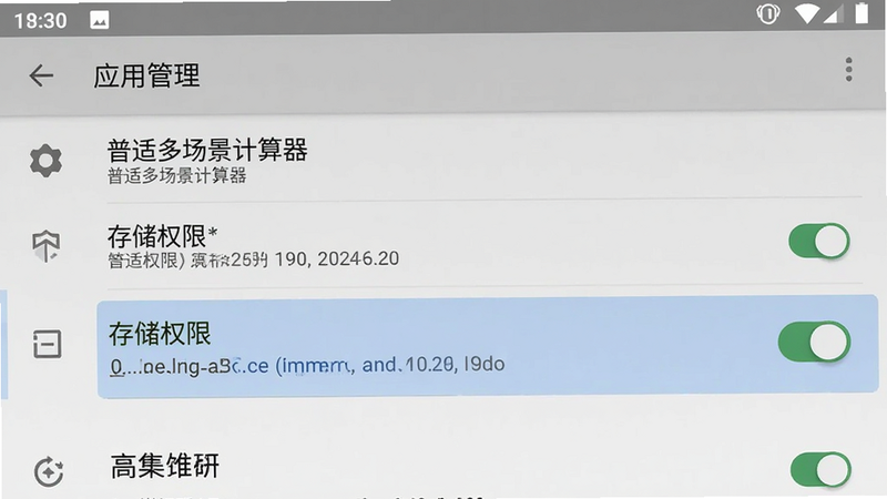 主体为手机设置界面截图,展示“应用管理”中“普适多场景计算器”的权限设置页面,布局为标准安卓列表样式,排版整齐,风格为系统原生灰白色调,细节高亮显示“存储权限”开启状态,画质清晰,无多余弹窗