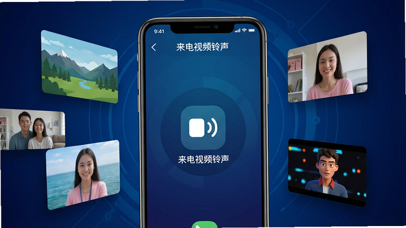 主体为一部竖屏智能手机,屏幕中央显示着“来电视频铃声”应用的主界面,背景是渐变的深蓝色科技风,手机周围环绕着若干悬浮的动态视频片段缩略图,包括风景、人物和动画元素。布局采用中心对称式,排版整洁现代。风格为扁平化UI设计,细节处强调光影质感,画质高清,干净无多余元素,文字“来电视频铃声”清晰可见于顶部标题栏