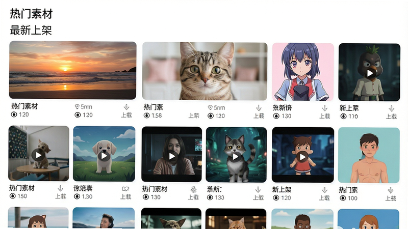 主体是一个手机应用内的素材库页面,界面分为多个网格状缩略图,每个缩略图展示不同的视频场景,如海滩日落、可爱猫咪、动漫角色等。布局为标准的网格视图,排版紧凑有序。风格为明亮清新的APP界面设计,细节处显示播放时长和下载量图标,画质清晰,干净无杂乱背景,文字“热门素材”、“最新上架”作为分类标签清晰显示