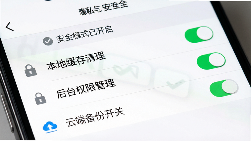主体是一个手机设置页面的特写,显示“隐私与安全”选项卡。布局为列表式,包含“本地缓存清理”、“后台权限管理”、“云端备份开关”等选项,每个选项右侧有滑动开关。风格为极简主义UI,色调以白色和浅灰为主,细节处强调安全锁图标和绿色对勾标志,画质锐利,干净无干扰元素,文字“安全模式已开启”醒目显示