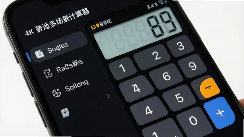 一张高清手机屏幕截图,主体为“普适多场景计算器”应用界面,布局采用深色模式,左侧为功能菜单栏,右侧为数字键盘区,排版整洁有序,风格现代简约,细节清晰,画质4K,干净无多余元素,文字显示为“普适多场景计算器”