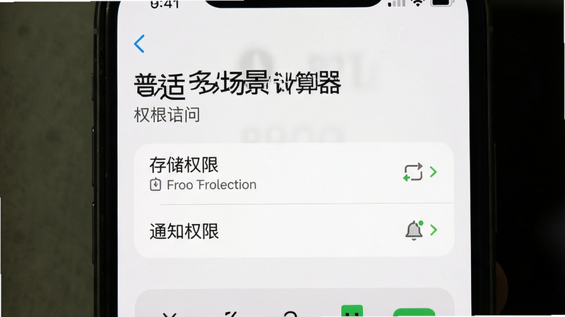 手机设置界面截图,主体为“普适多场景计算器”的权限管理页面,布局清晰,高亮显示“存储权限”和“通知权限”选项,排版简洁,风格系统原生UI,细节真实,画质清晰,干净,文字标注为“允许存储访问”