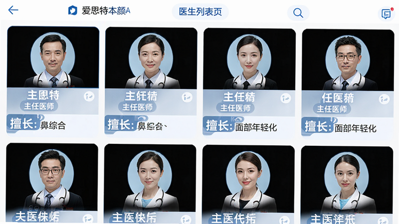 爱思特本颜APP中的医生列表页,卡片式布局展示多位医生头像、姓名及“主任医师”头衔,每个卡片下方有“擅长:鼻综合”、“擅长:面部年轻化”等标签,界面整洁,UI设计符合医疗行业严谨风格,白色背景,蓝色点缀,无广告干扰