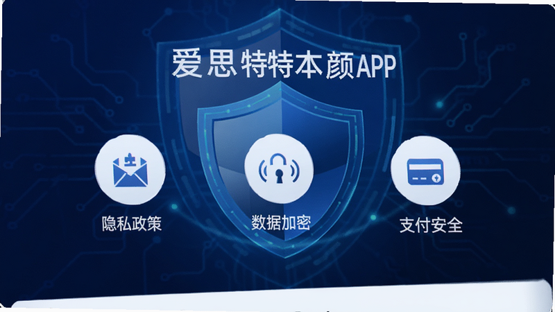 爱思特本颜APP的安全中心页面,显示“隐私政策”、“数据加密”、“支付安全”等图标,背景为盾牌形状的科技蓝图案,传达安全可信的感觉,文字清晰,设计专业,无冗余元素
