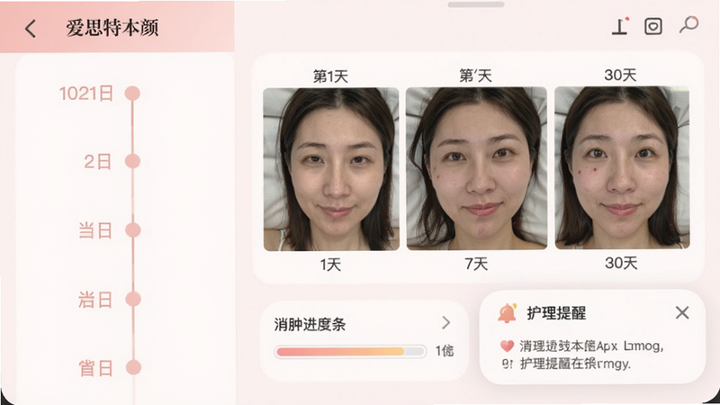 爱思特本颜APP的术后记录界面,左侧是时间轴,右侧是用户上传的术后第1天、第7天、第30天的对比照片,照片下方有“消肿进度条”和“护理提醒”弹窗,界面温馨柔和,使用淡粉色系色调,体现关怀感,细节丰富,真实感强
