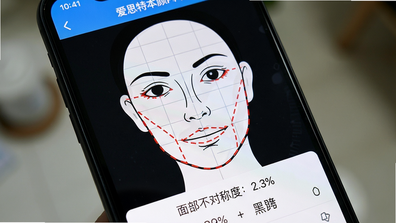 手机屏幕特写,显示爱思特本颜APP的面部诊断页面,屏幕中央是一个带有网格线的人脸轮廓图,关键部位如眼角、嘴角、下颌线被红色虚线标记,下方显示“面部不对称度:2.3%”等数据,背景虚化,突出屏幕内容,清晰锐利