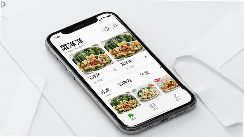 一张展示“菜洋洋”APP整体界面的高质量UI设计图,主体为手机屏幕,显示首页推荐、分类导航栏和底部菜单,布局整洁,排版清晰,风格现代简约,细节丰富,画质高清,干净无多余元素,文字标注“菜洋洋”