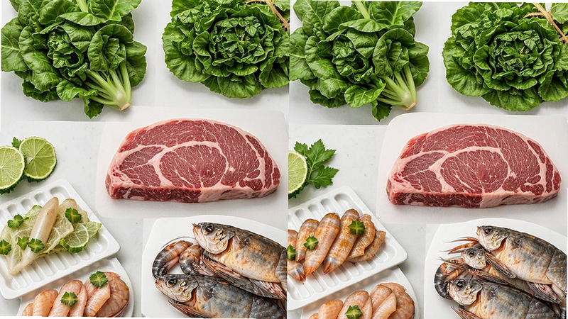 一组新鲜食材的特写拼贴图,包括绿叶蔬菜、生鲜肉类和海鲜,背景为干净的白色台面,主体突出食材的新鲜质感,布局对称,排版紧凑,风格写实摄影,细节清晰,画质超清,干净无杂物