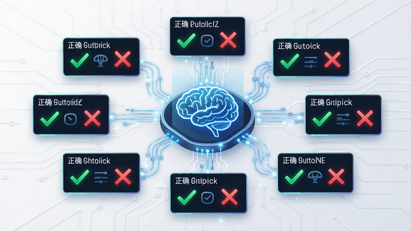 生成一张展示智能算法推荐机制的示意图,中心是一个大脑图标,周围环绕着不同的驾驶题目卡片,卡片上有对勾和叉号标记,表示正确与错误,背景为科技感的白色,线条连接表示数据流动,风格简洁现代,细节丰富,无杂乱背景