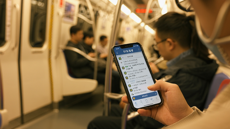 生成一张展示手机离线学习场景的图片,一个人坐在地铁座位上,手持手机正在使用“51车驾考”APP,屏幕显示着题目,周围是模糊的地铁车厢背景,突出专注与便捷,色调温暖,生活化场景,细节真实