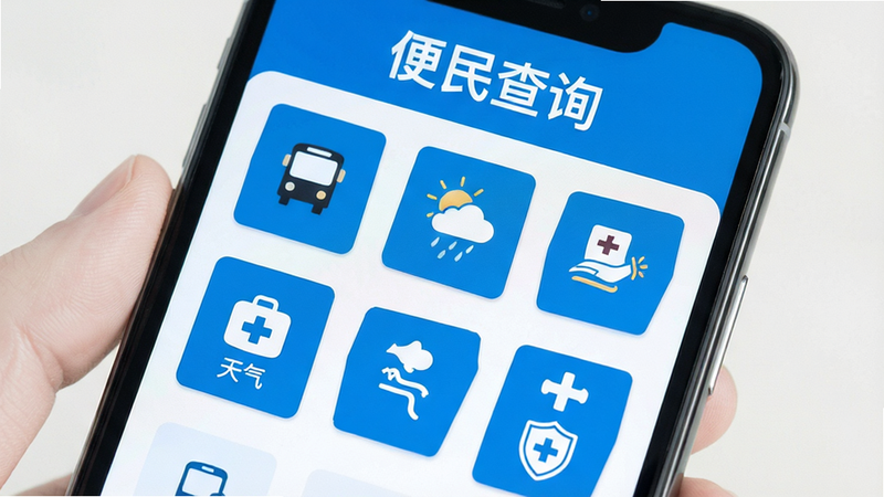 主体为手机便民查询界面,布局为功能图标网格,排版规整,风格为科技蓝白配色,细节包含公交、天气、医院等图标,画质清晰,干净,无多余元素,文字“便民查询”清晰可见