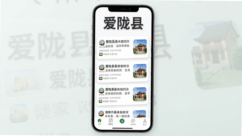 主体为“爱陇县”APP的手机界面展示,布局为竖屏全屏视图,顶部显示“爱陇县”大字Logo,中部为新闻列表卡片,底部为导航栏,风格为现代扁平化UI设计,细节包含高清图标与柔和阴影,画质8k,干净,无多余元素,文字“爱陇县”清晰可见