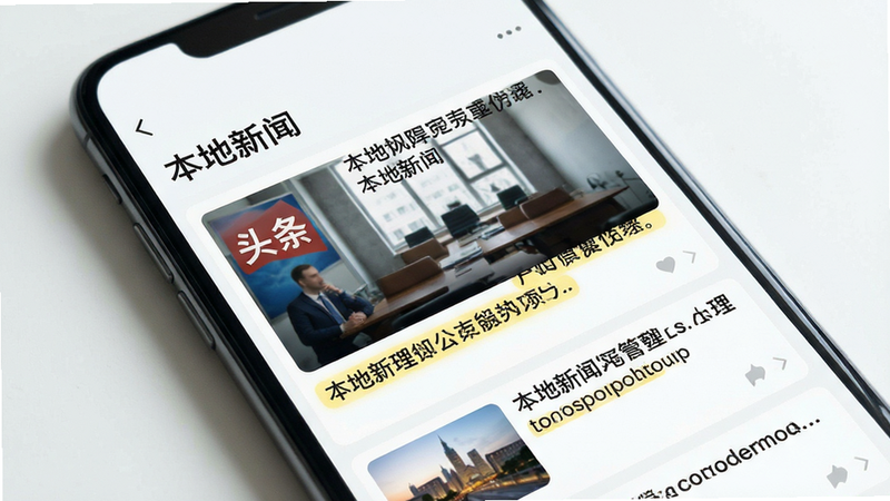 主体为手机新闻阅读界面,布局为信息流列表,排版整齐,风格为清新简约,细节包含头条新闻缩略图与标题高亮,画质高清,干净,无多余元素,文字“本地新闻”清晰可见