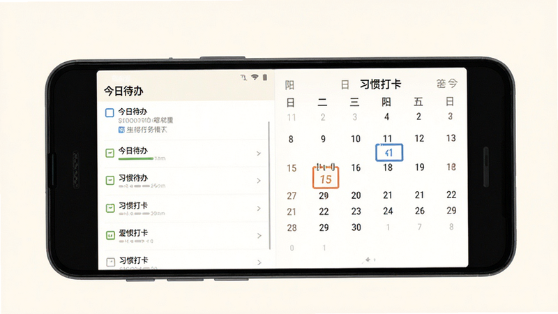 主体为一款名为“爱略阳”的安卓手机应用界面全景图,布局采用极简主义风格,左侧为任务列表,右侧为日历视图,背景为柔和的米白色,细节处显示清晰的中文文字“今日待办”与“习惯打卡”,画质高清,无多余元素