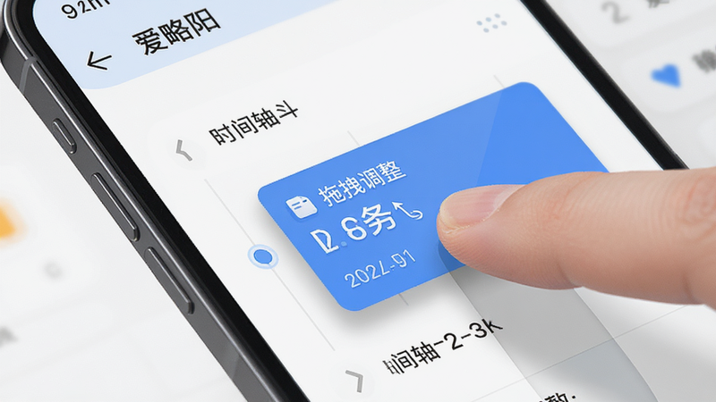 主体为手机屏幕特写,展示“爱略阳”应用内的时间轴拖拽操作,手指正在拖动一个蓝色任务卡片,布局清晰,排版紧凑,风格现代扁平,细节显示任务卡片的阴影效果与日期标签,文字“拖拽调整”清晰可见,画质干净,无多余元素