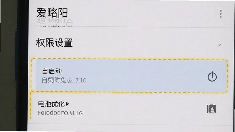 主体为手机设置界面截图,展示“爱略阳”应用的权限管理页面,布局为标准安卓设置风格,排版清晰,风格简洁,细节处高亮显示“自启动”与“电池优化”选项,文字“权限设置”清晰可见,画质清晰,无多余元素
