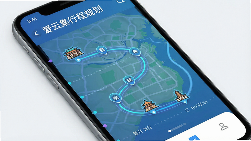 手机界面展示爱云集行程规划功能,布局呈现时间轴式路线地图,风格科技感与人文结合,细节包含地标图标和连接线条,画质清晰,干净,无多余元素,文字“爱云集行程规划”